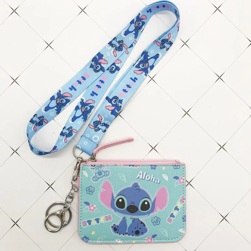 Disney Stitch monedero PU titular de la tarjeta clave cordón Tarjeta de comida estuche para tarjeta de autobús bolsa Mickey mouse documento bolso de la tarjeta