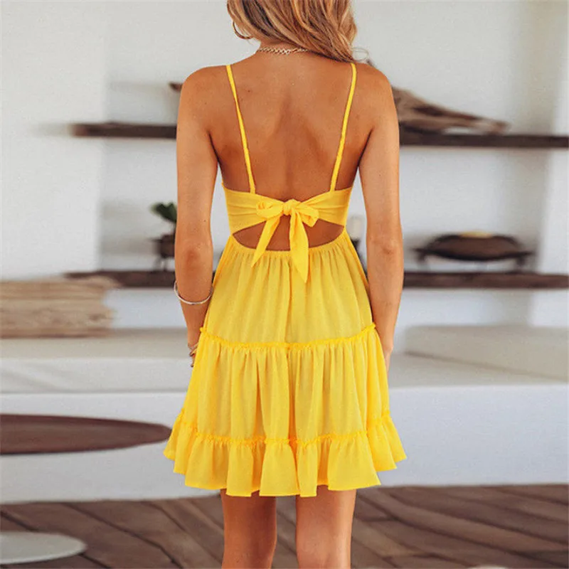 Women Summer Dress Sexy Lace Bow Backless V-neck Mini Beach Dresses Sleeveless Mini Ruffle White Dress Woman Summer 20