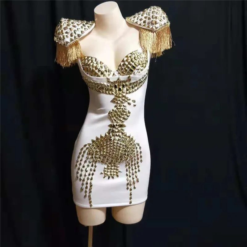 

W95 Sexy singer stage dance costume women party wear gold rivets hip skirt skinny perform dress tassel shoulder outfit host show
