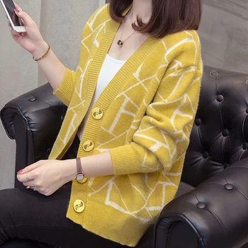 

Cardigan Femme Autumn Winter 2020 Fashionable Casual Plaid V-Neck Cardigans Single Breasted Puff Sleeve Loose Women's Sweaters
