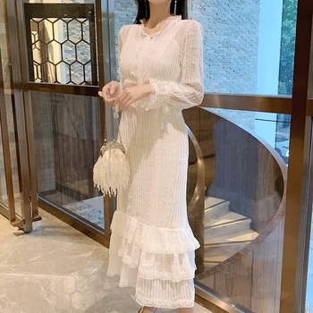

New Elegant White Long Sleeve Bow Lace Splice Pleated Long Dress Women Autumn 2019 Fashion Femme Casual Party Dresses Vestidos
