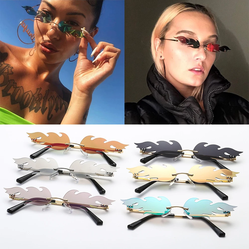 1PC Rimless Fire Flame Sunglasses Brand Designer Eyewear Unisex Fashion Cool Streetwear Wave Narrow UV400 Sun Glasses_voghion.com