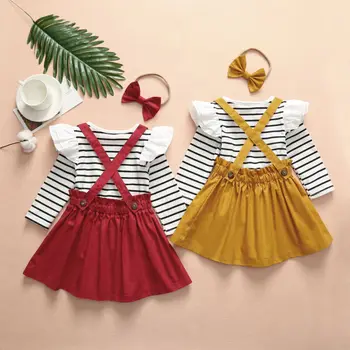 

3Pcs Toddler Clothes Casual Kids Baby Girl Clothes Ruffle Long Sleeve T-shirt Tops+Bib Dresses Outfit Set 18 Months-6 Years