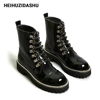 

2019 New Style Black Thick Bottom Punk Boots Woman Round Lace Up Ankle Boots For Woman Runway Knight Boots Rome Platform Boots