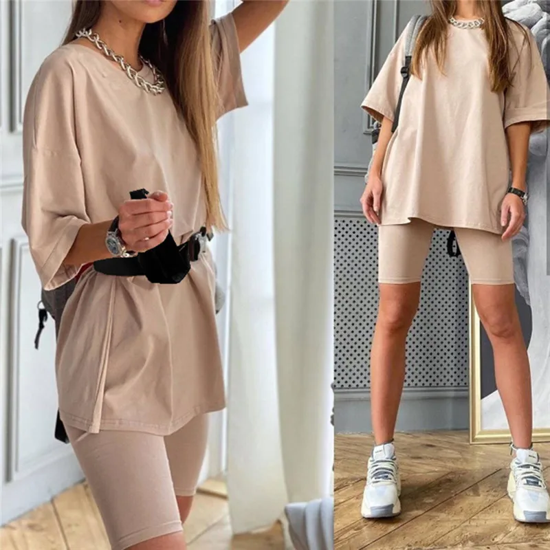 Conjuntos sólidos informales para mujer, traje de dos piezas con cinturón, chándales deportivos holgados para el hogar, traje de bicicleta de ocio a la moda para verano