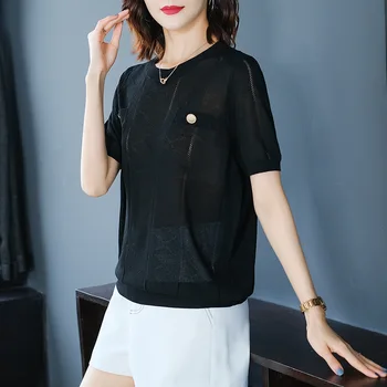 

Women's summer new round neck hollow solid color knitted short-sleeved T-shirt