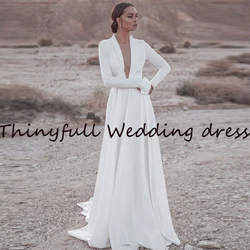 Modern Deep V Neck Long Full Sleeves New Wedding Dresses 2022 Long Bridal Bride Bridal Princess Gowns Dress Vestidos de festa