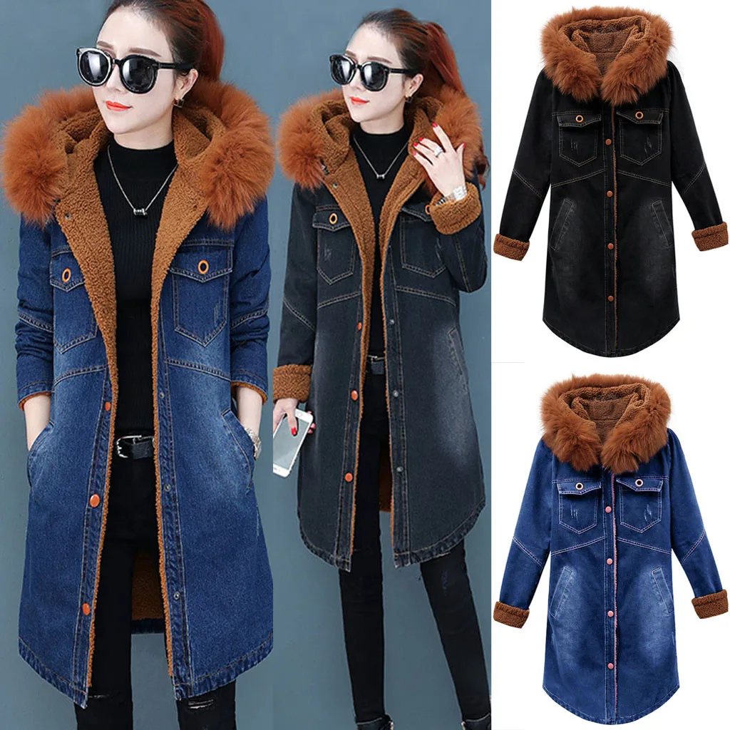 KANCOOLD пальто, зимняя теплая Женская пушистая джинсовая куртка с капюшоном, длинная верхняя одежда, пальто с длинным рукавом, пальто и куртки для женщин 2019AUG30