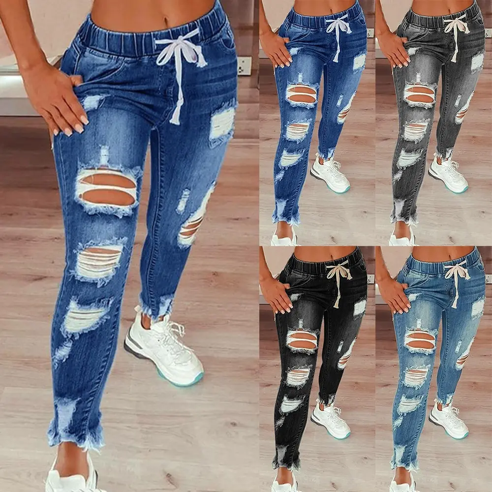 Vaqueros elásticos rasgado roto con cordón para mujer, pantalones largos ajustados de talla grande, gran oferta