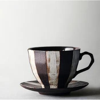 

Japanese Retro Ceramic Striped Coffee Cup and Saucer Stoneware Mug Modern Minimalist Home Office Breakfast Milk Drink Cup 222ml