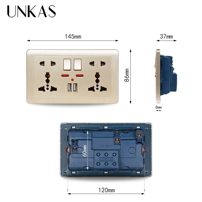 UNKAS светодиодный индикатор 146 мм* 86 м Золотая настенная розетка питания двойная универсальная 5 отверстий переключаемая розетка 2.1A двойной usb-порт для зарядки