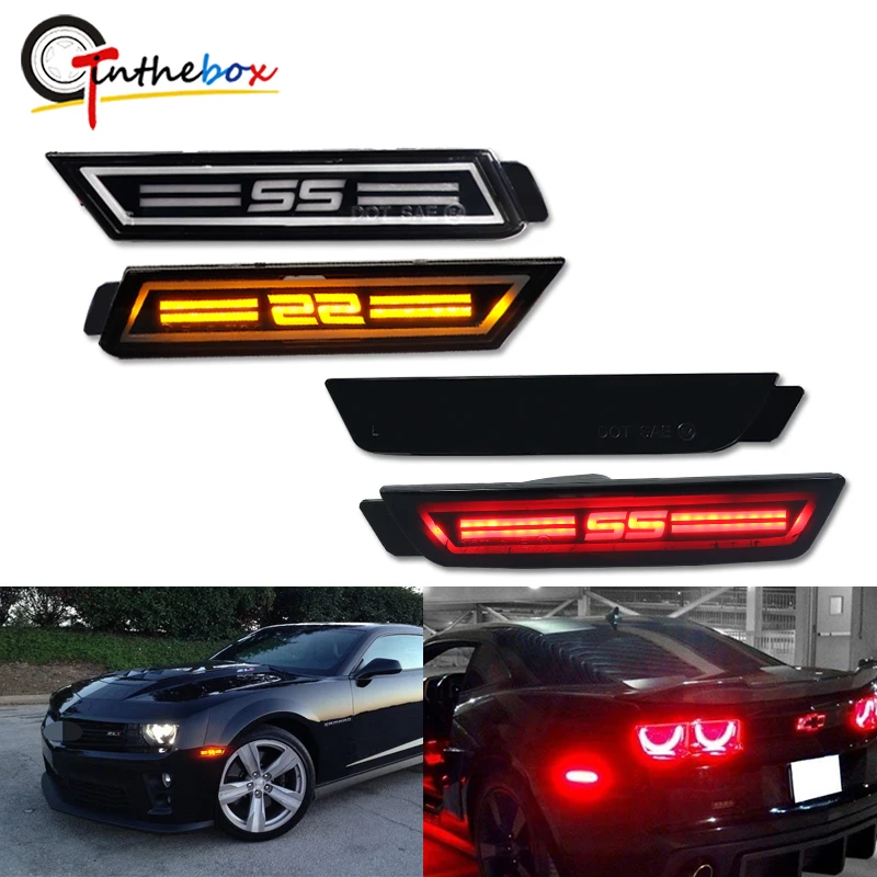 1 Pair Xprite Amber LED Side Marker Lights Front Bumper Smoked Lens Sidemarker Lamps Compatible with 2010-2015 Chevrolet Chevy Camaro 
