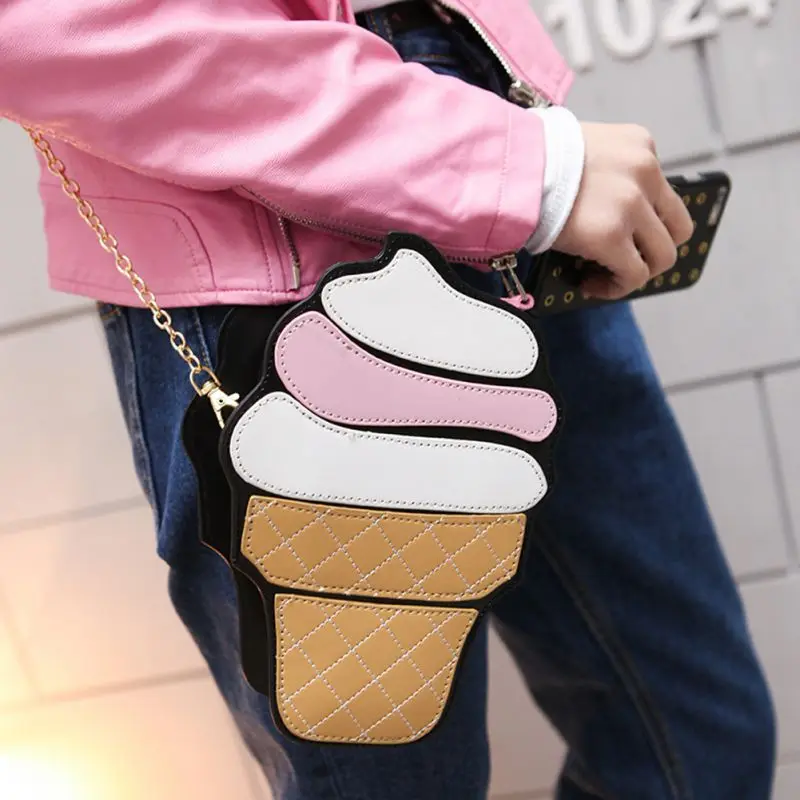 Всесезонные детские сумки на плечо из искусственной кожи для девочек, модные милые водонепроницаемые изысканные маленькие сумки на молнии с цепочкой в виде мороженого