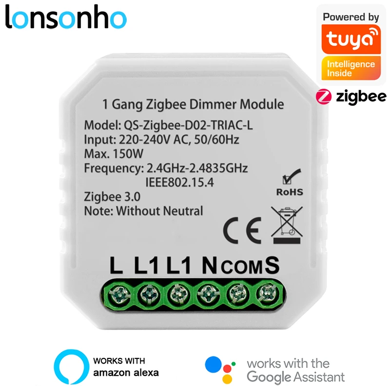 Lonsonho Zigbee Dimmer 220V No Neutral Triac Tuya Smart Led Light Dimmer Switch Module Support Zigbee2MQTT Home Assistant 2 Way