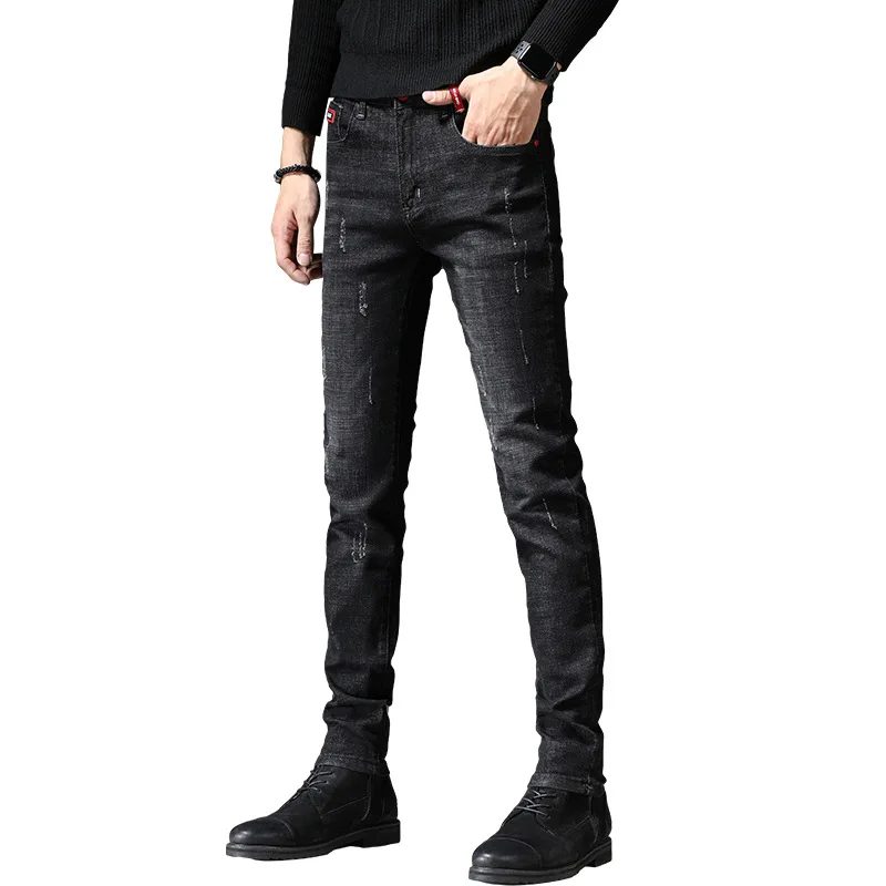 Spring and Autumn Men's Jeans Stretch Korean Slim Pants Trendy Straight Black Long Cotton 