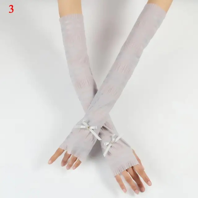 Hot Women Arm Warmers Pleated Yarn Long Breathable Sunscreen Driving Arm Sleeve Fingerless Gloves sexy lace glove Solid White 2