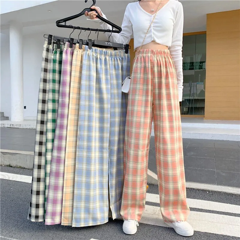 Harajuku Plaid Pants Women Oversized Wide Leg Trousers Female Korean Chic High Waist Checkered Pajamas 2021 Spring Autumn | Женская