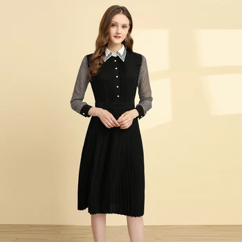 

Xiaomoli Simple temperament Knee Lapel pleated dress new in winter 2019