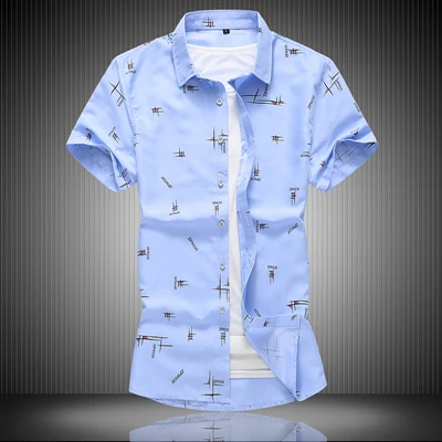 B1906 Light blue Летние Брендовые мужские рубашки с коротким рукавом, повседневные деловые мужские рубашки с буквенным принтом, Camisas Masculina размера плюс 5XL 6XL 6XL - Цвет: B1906 Light blue