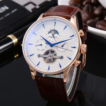 

Corgeut 44MM Mens top luxury brand Moon phase clock Rosegold case Blue Hands week&Complete Calendar Mens Automatic Machine watch