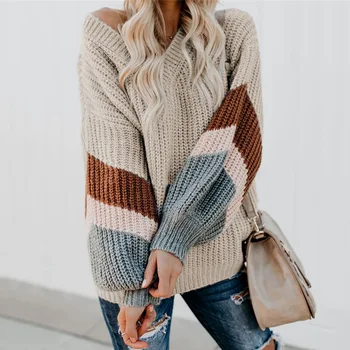 

New 2019 Autumn Winter Women's Sweaters V-Neck Sweater Minimalist Tops Fashionable Lantern Sleeve Knitting Casual Solid Sweater