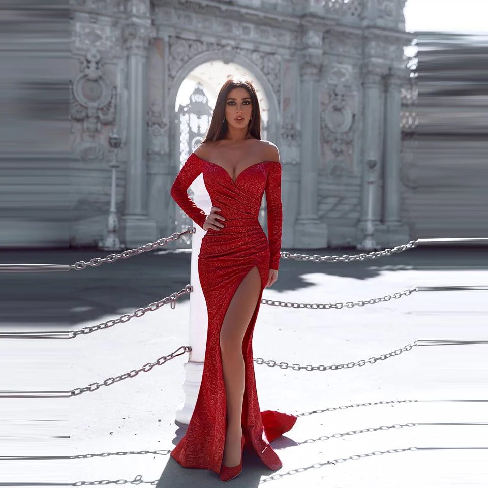 Зимнее платье для выпускного с аппликациями, красное, с высоким разрезом, с открытыми плечами, с длинными рукавами, с v-образным вырезом, румяное, узкое, официальное, специальное мероприятие, двойное, 11 - Цвет: Красный