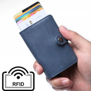 

1PC Professional RIFD Anti-theft Automatic Ejection Card Holder PU Leather Thin Double Aluminum Alloy ID Credit Card Holder Case