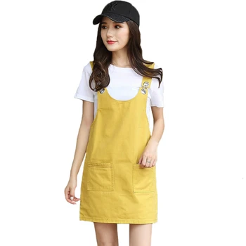 

Spring Summer Women 2 pieces Denim Dress Sundres Spocket Overalls Dress Casual Solid Color Strap Female Jeans Dresses Vestidos