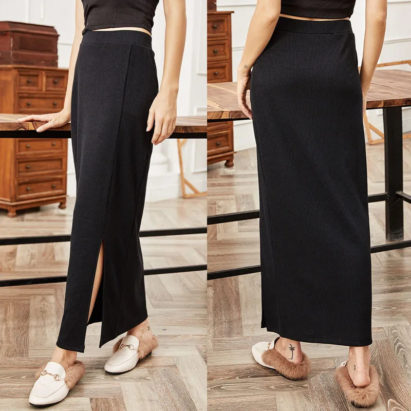 

Fashion All-match Skirt Women's Spring And Autumn Split Mid-length Skirt High Waist One-step Skirt Solid Color Black Long Skirts