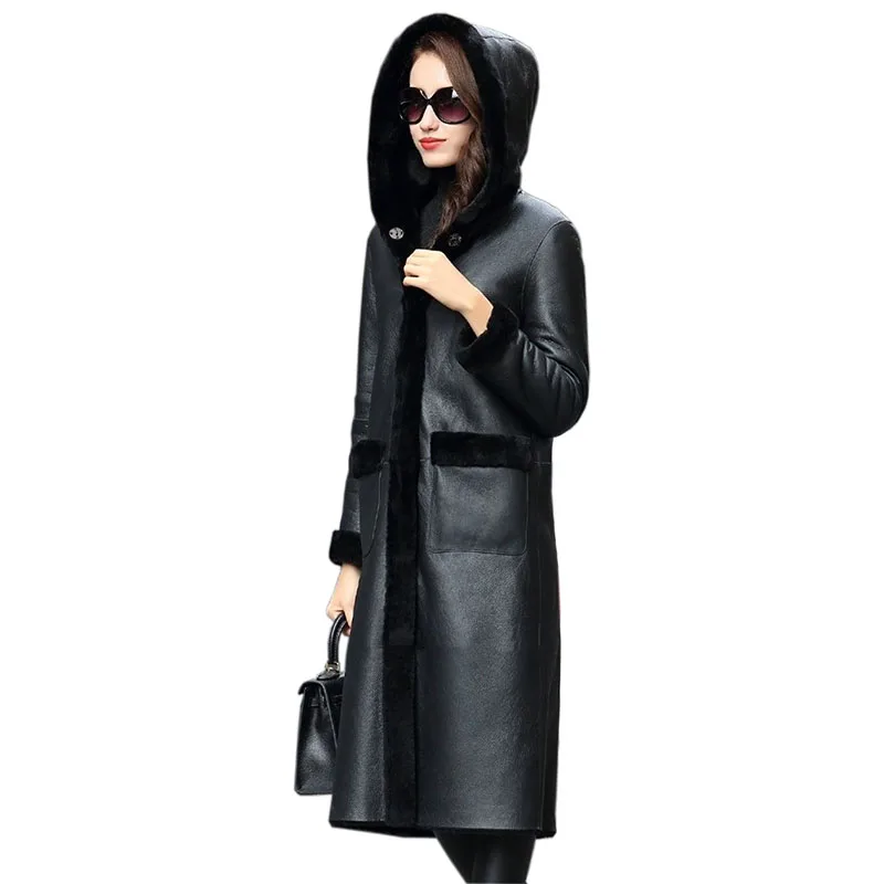 

2021 модная женская куртка из натуральной кожи, зимнее меховое пальто из овечьей кожи с разрезами, Двустороннее пальто из овчины KW1155