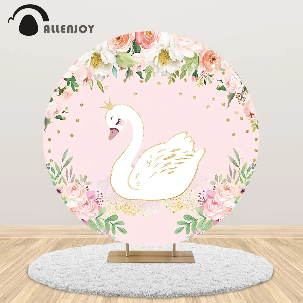 

Allenjoy Swan Round Backdrop Birthday Decor Party Pink Flower Gold Crown Dot Sequin Girl Photography Table Cover Background Prop