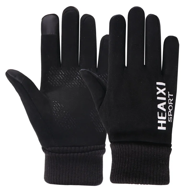 Замшевые перчатки зимние теплые и толстые с сенсорным экраном для верховой езды, для альпинизма вождения ветрозащитные перчатки для бега - Цвет: Черный