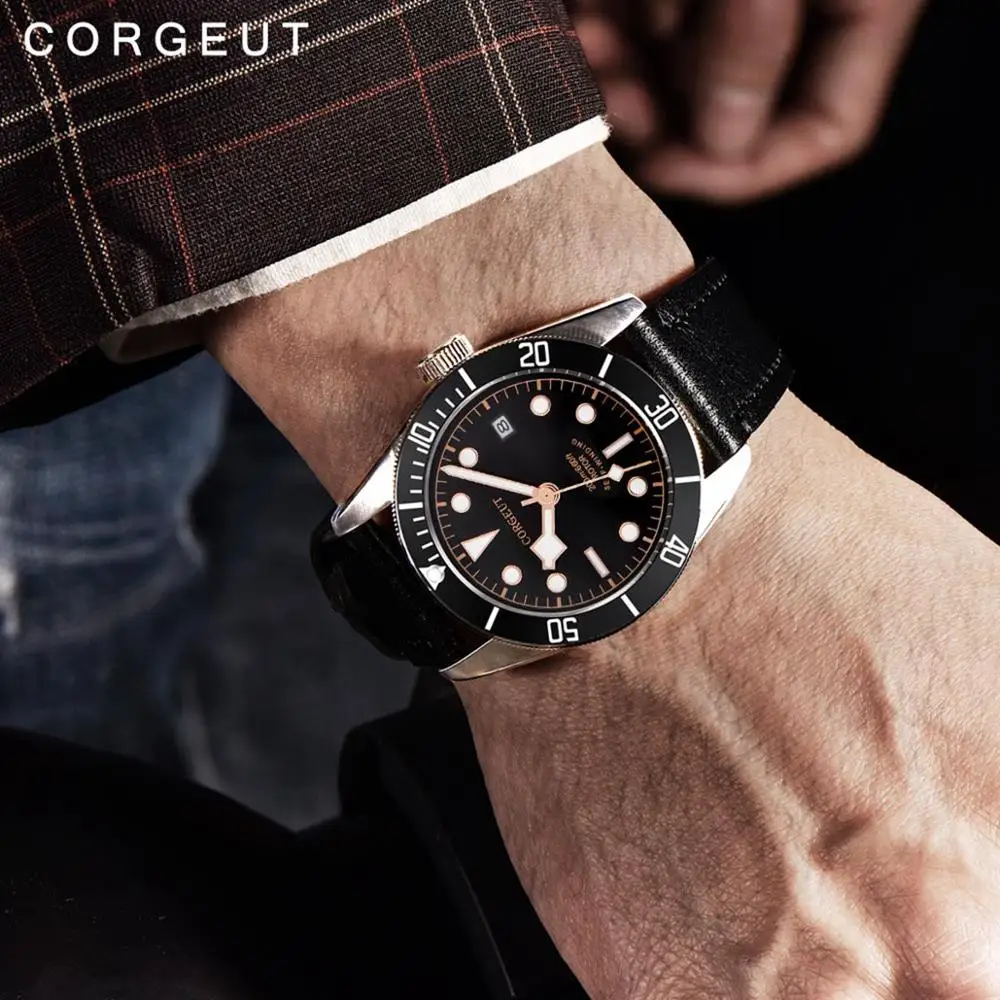 

Corgeut Watche Men Automatic Military Schwarz Bay Wristwatch Leather Waterproof Sport Swim Male Clock Relogio Masculino