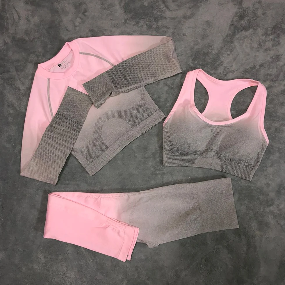Спортивная одежда Женская спортивная одежда комплект йоги бесшовные леггинсы спортивный бюстгальтер с длинным рукавом фитнес укороченный топ 3 шт. женский спортивный костюм - Цвет: Pink