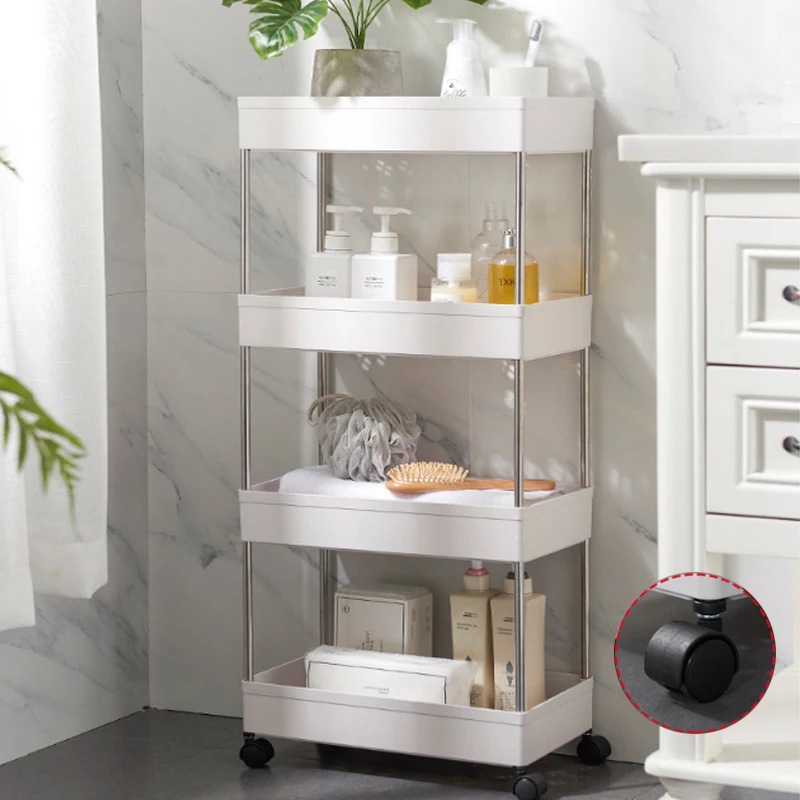 3 Tier Bathroom Cart Organizer Mobile Shelving Unit Rolling Utility Cart, Slide Out Organizer for Kitchen, Bathroom, Laundry, Narrow Places, White