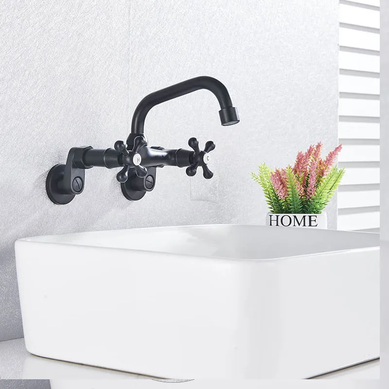 Light luxury wall-mounted concealed hot and cold basin faucetBuried wall embedded washbasin faucet wall outlet - Цвет: black