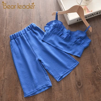 

Bear Leader Girl Set 2020 Sling Top with Long Pant Summer Children's Clothing Girls Suit Button Solid Color Kids Set Outfits