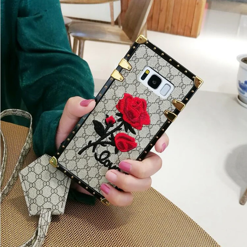 For Samsung Galaxy S10 S9 S8 Plus Note 9 A50 A70 Square Back Cover 3D Embroidery Rose Flower Phone Case Luxury Metal Rivet Frame - Цвет: 1 with lanyard