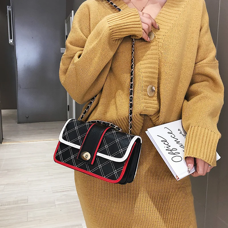 

INS Super Fire Chain Bag 2019 New Style Rhombus Women's bai da xiao Square Bag Korean-style Contrast Color Spiraea Shoulder Bag