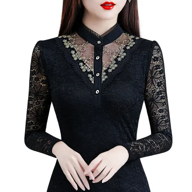 2020 Autumn Winter Women Lace Embroidery Beading Blouse Bottoming Shirt Female Long-sleeved Hollow Out Stand-up Collar Tops 2