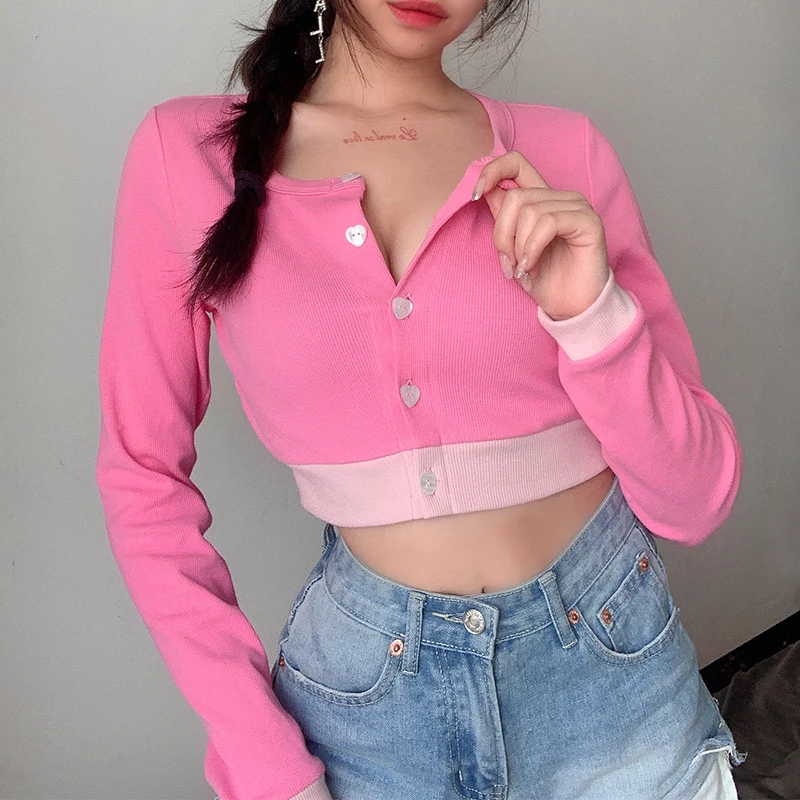 IAMSURE Contrast Color Cute Fitness Long Sleeve Blouse For Women Korean Streetwear Fashion Casual Female Crop Tops Shirts