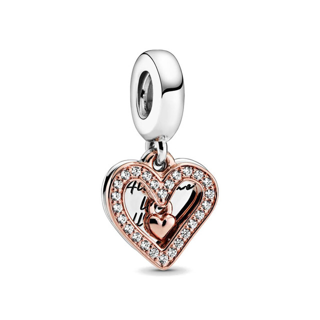 925 Sterling Silver Beads HEART & MUM Two-tone Family Tree  DANGLE Charm Fit Original Pandora Bracelet DIY Jewelry