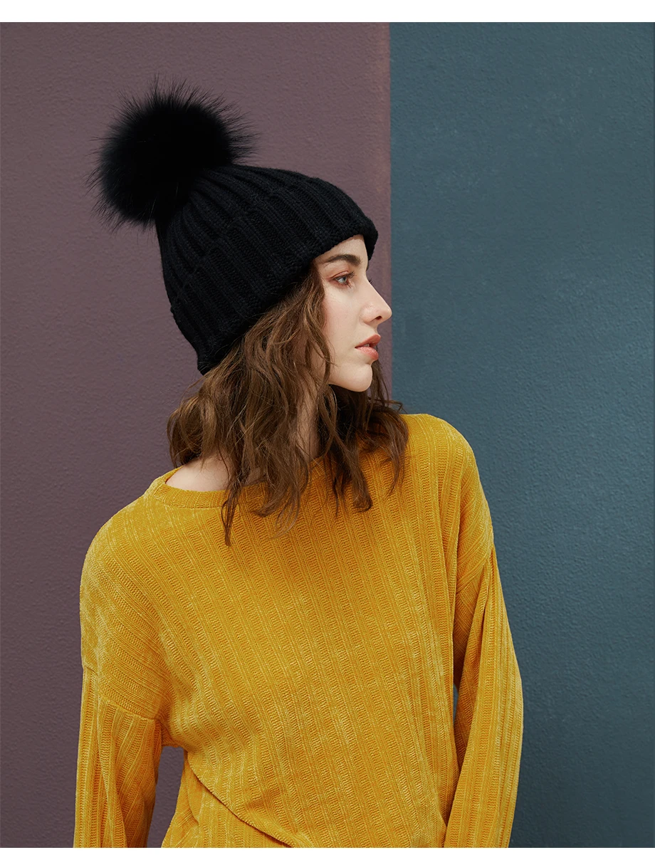 Женские зимние шапки с помпонами из натурального меха енота, Женская Вязаная хлопковая Толстая шапка, новая модная теплая шапка