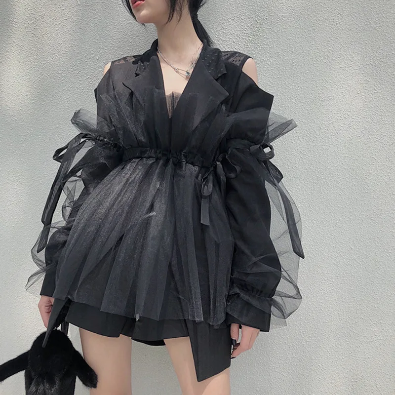 

Fashion Solid Color Long-sleeved Off-shoulder Stitching Detachable Mesh Femme Blazer Casual Simple Fashion Tide Autumn New TV711