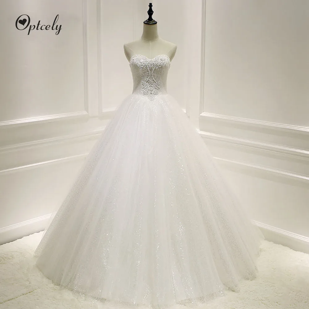 Optcely Charming Wedding Formal Dress Strapless Backless A-line Wedding Dress Train Appliques Beaded Lace Up Princess Gown