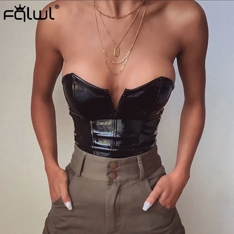 Женский комбинезон без бретелек из искусственной кожи FQLWL черный облегающий