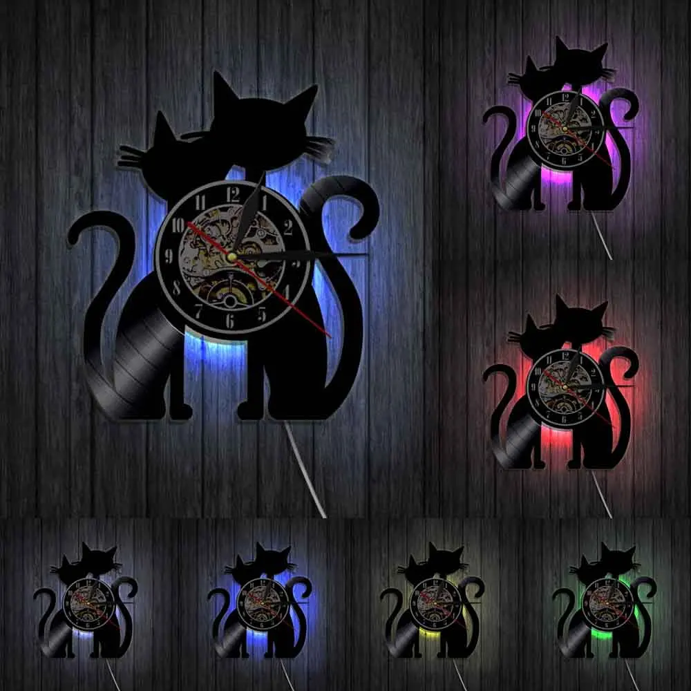Кошки пара Виниловая пластинка настенные часы ручной работы кошки орнамент кошки силуэт настенные художественные современные декоративные настенные часы для любителей кошек подарок - Цвет: With LED