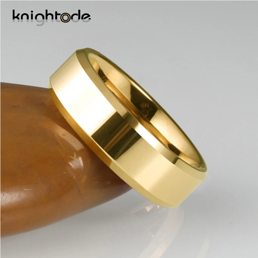 6/8mm Gold Color Wedding Band Men Women Tungsten Carbide Engagement Rings Beveled Edges Flat Polishing Comfort Fit