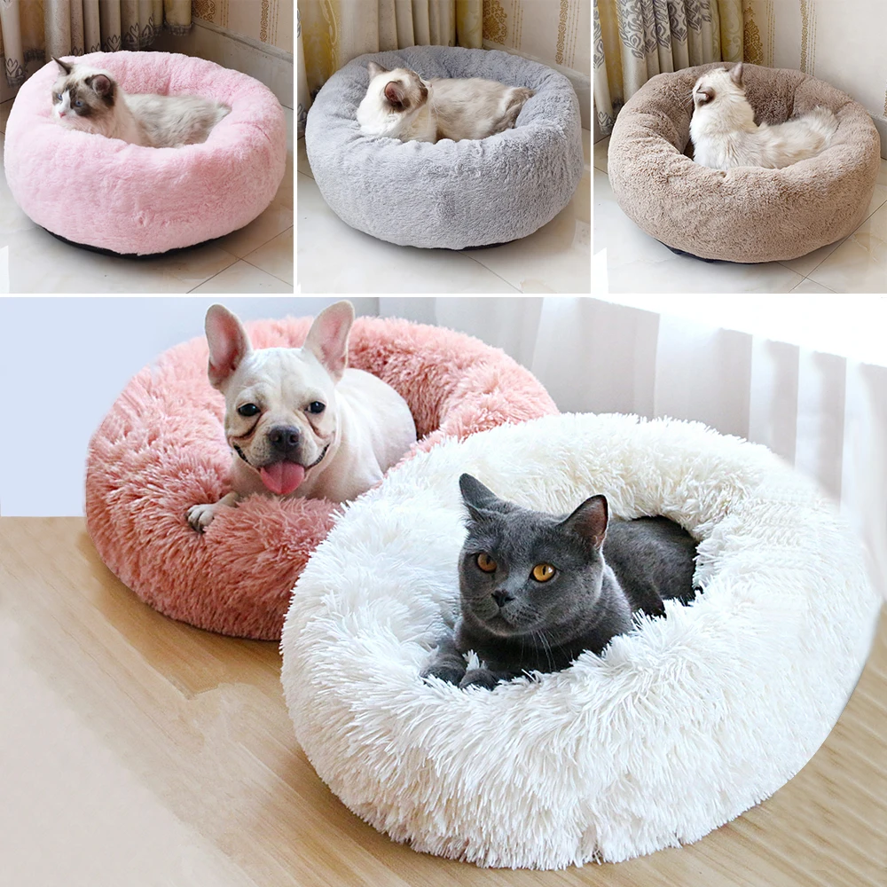 Коврик для щенка, круглая плюшевая кровать для кошек, домик для домашних животных, кровать для маленьких собак, Лежанка для котов, зимняя теплая Лежанка, мягкая длинная плюшевая кровать для кошек