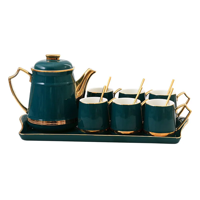 

European luxury Ceramic coffee cup set home tea set with tray British red tea cup [1 Teapot + 6 Cups + 1 Tray] Set Gift Box